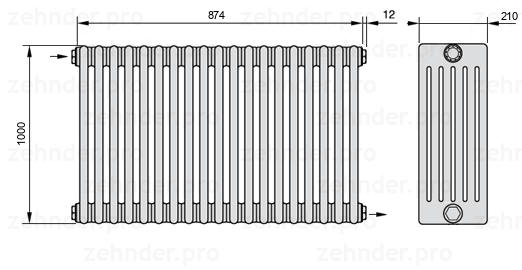 Схема (чертеж) Радиатор Zehnder Charleston 6100/19 №1670 Белый глянцевый RAL 9016